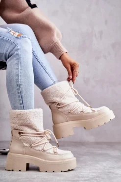 Online Damskie Botki Śniegowce Z Kożuszkiem Beżowe Sanna Damskie Śniegowce Damskie|Damskie Trapery
