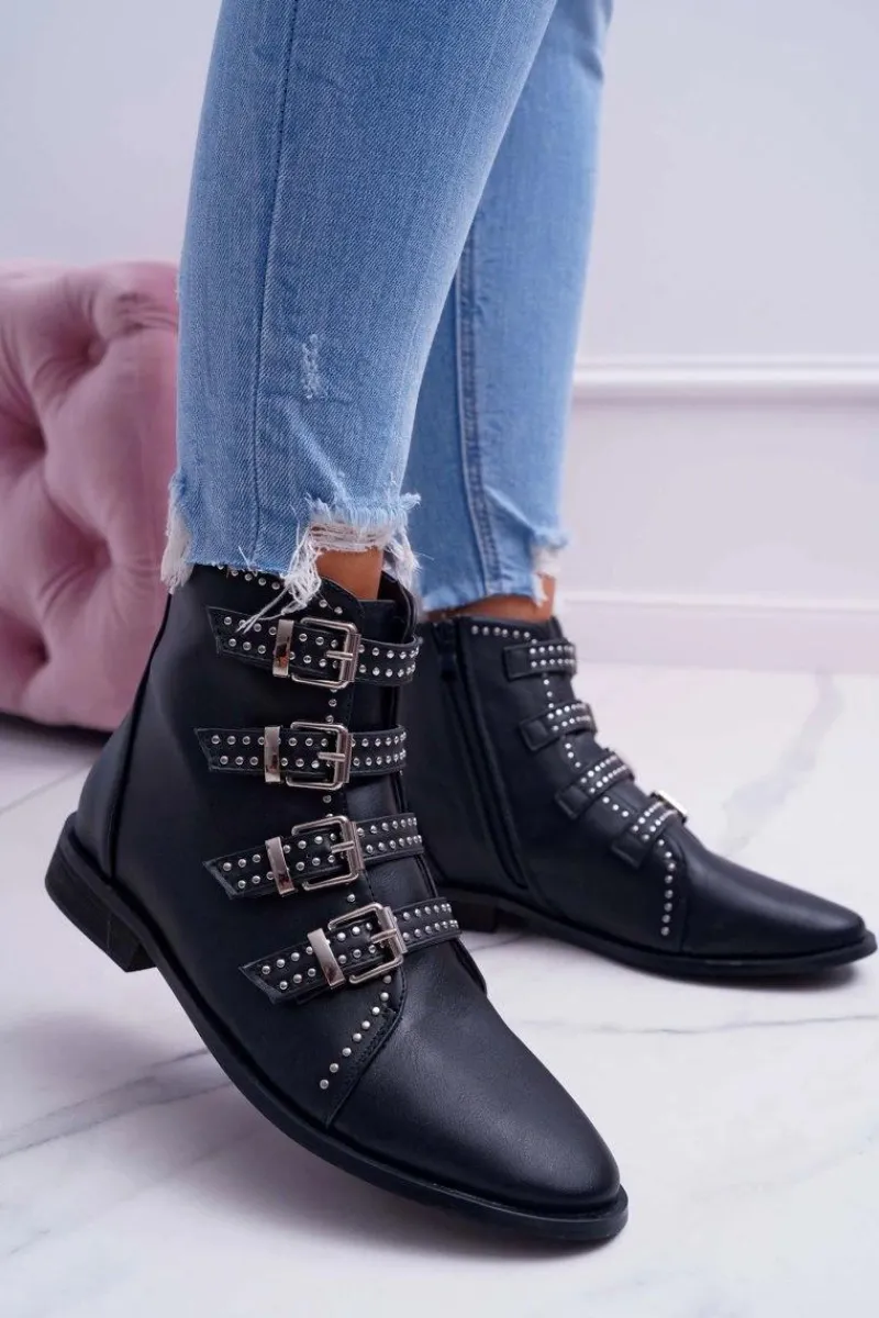 New Boto Damskie Botki Nity Klamry Czarne Berugio