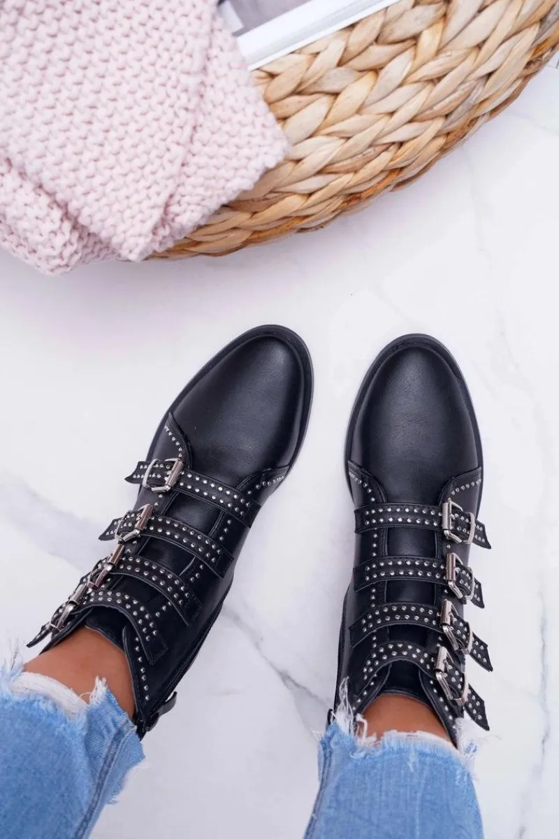 New Boto Damskie Botki Nity Klamry Czarne Berugio