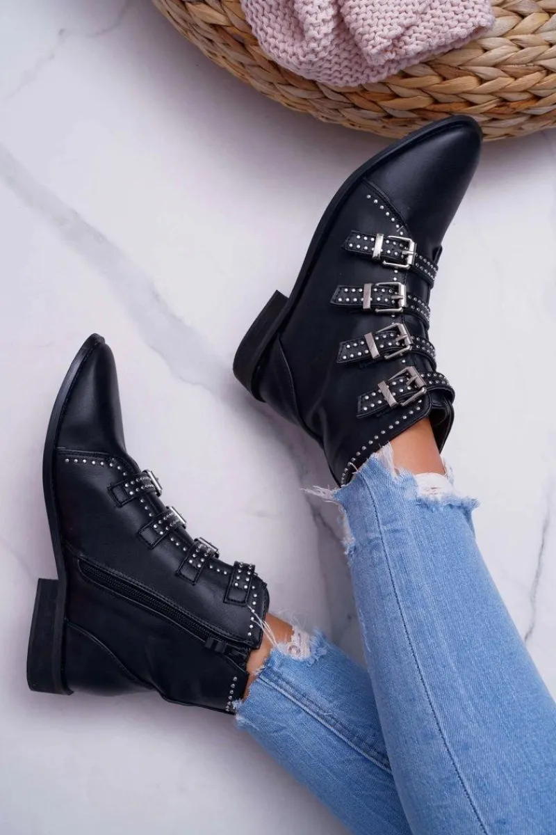 New Boto Damskie Botki Nity Klamry Czarne Berugio