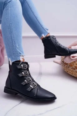 New Boto Damskie Botki Nity Klamry Czarne Berugio