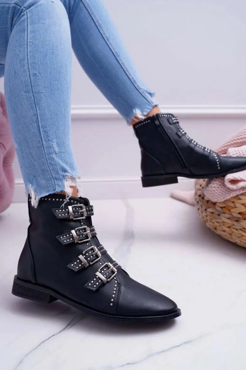 New Boto Damskie Botki Nity Klamry Czarne Berugio