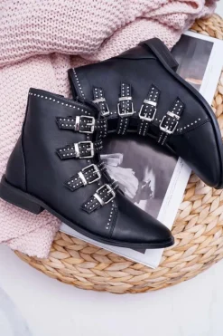 New Boto Damskie Botki Nity Klamry Czarne Berugio