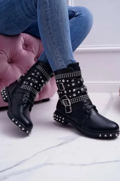 Botki Workery|Botki Płaskie>Boto Damskie Botki Nity Kolce Czarne Verona