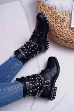 Botki Workery|Botki Płaskie>Boto Damskie Botki Nity Kolce Czarne Verona