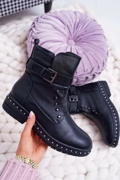 Botki Zimowe Damskie|Botki Płaskie>Boto Damskie Botki Ocieplane Futerkiem Czarne Piano