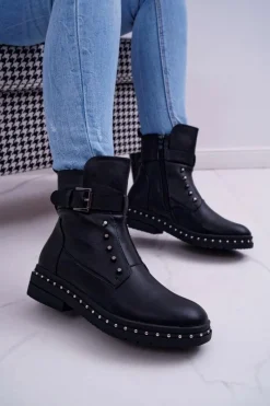 Botki Zimowe Damskie|Botki Płaskie>Boto Damskie Botki Ocieplane Futerkiem Czarne Piano