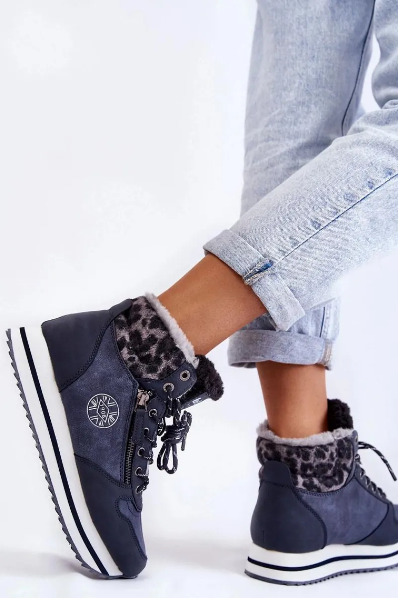 Outlet Lee Cooper Damskie Botki Ocieplane LCJ-22-31-1450 Granatowe