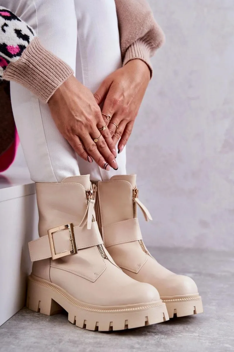 Best Boto Damskie Botki Ocieplane Na Suwak Beżowe Torey