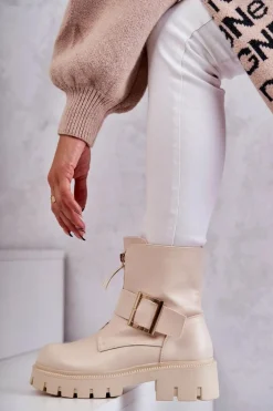 Best Boto Damskie Botki Ocieplane Na Suwak Beżowe Torey