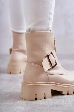 Best Boto Damskie Botki Ocieplane Na Suwak Beżowe Torey