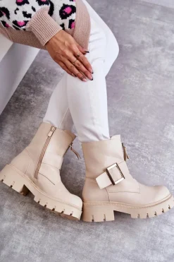 Best Boto Damskie Botki Ocieplane Na Suwak Beżowe Torey