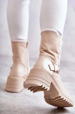 Discount Damskie Botki Ocieplane Na Masywnym Obcasie Beżowe Marinela Damskie Botki Ocieplane|Czarne Botki