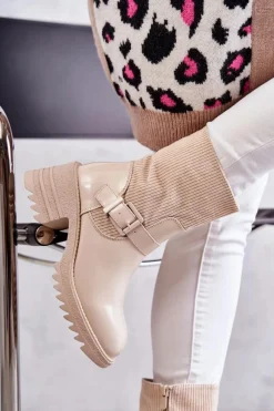 Discount Damskie Botki Ocieplane Na Masywnym Obcasie Beżowe Marinela Damskie Botki Ocieplane|Czarne Botki