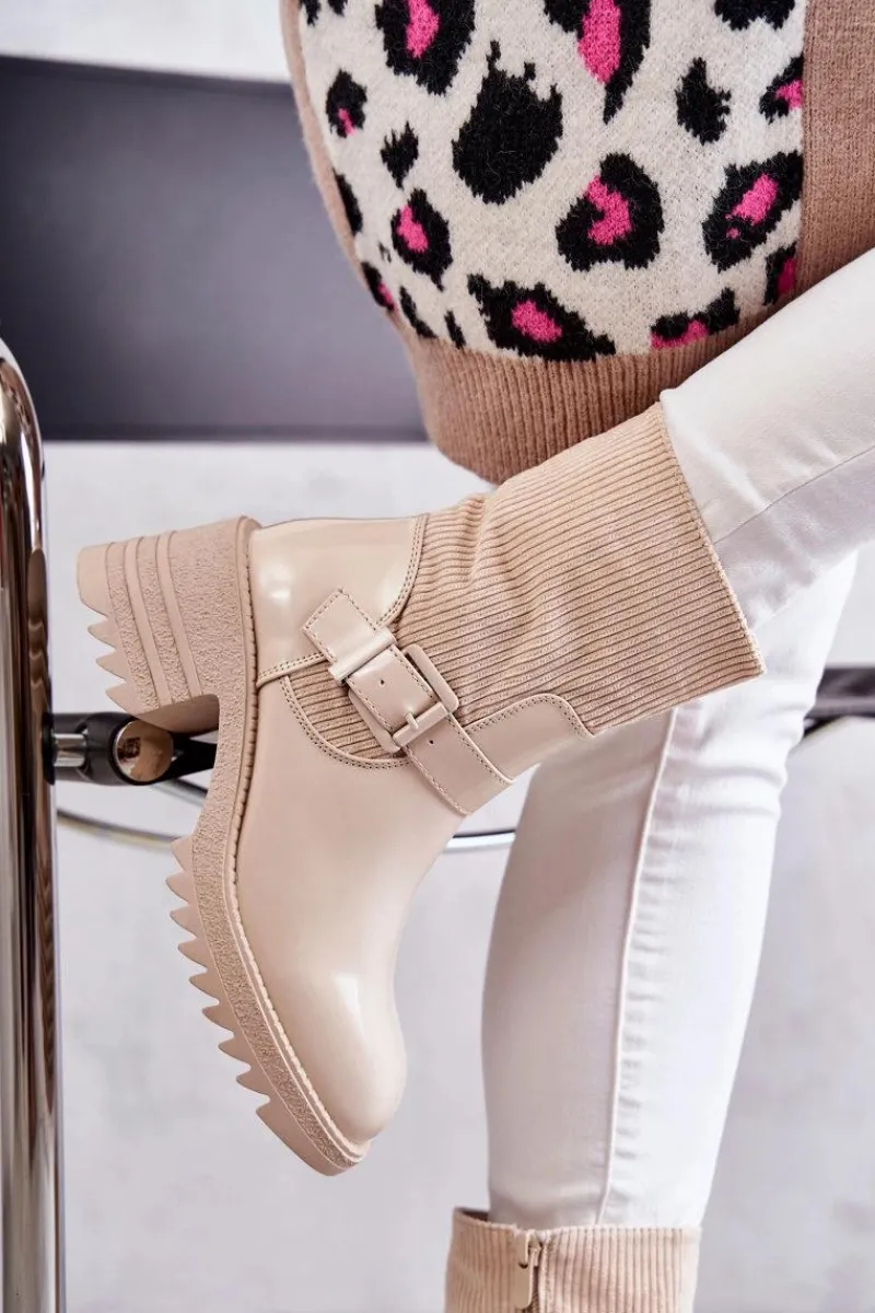 Discount Damskie Botki Ocieplane Na Masywnym Obcasie Beżowe Marinela Damskie Botki Ocieplane|Czarne Botki