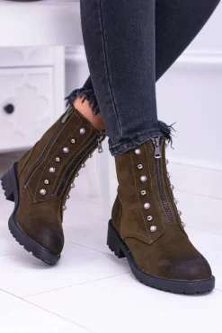 Damskie Botki Ocieplane Trapery Khaki Dowito Damskie Botki Płaskie|Czarne Botki