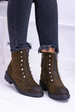 Damskie Botki Ocieplane Trapery Khaki Dowito Damskie Botki Płaskie|Czarne Botki