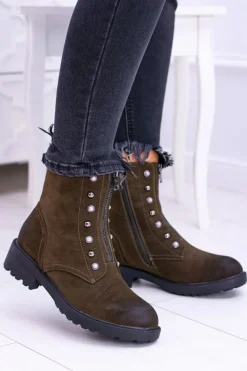 Damskie Botki Ocieplane Trapery Khaki Dowito Damskie Botki Płaskie|Czarne Botki