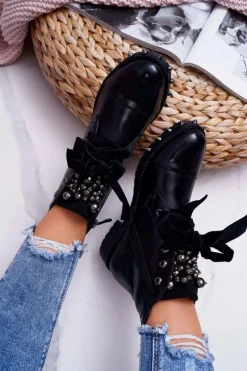 Discount Boto Damskie Botki Ocieplane Wstążka Ćwieki Grethan