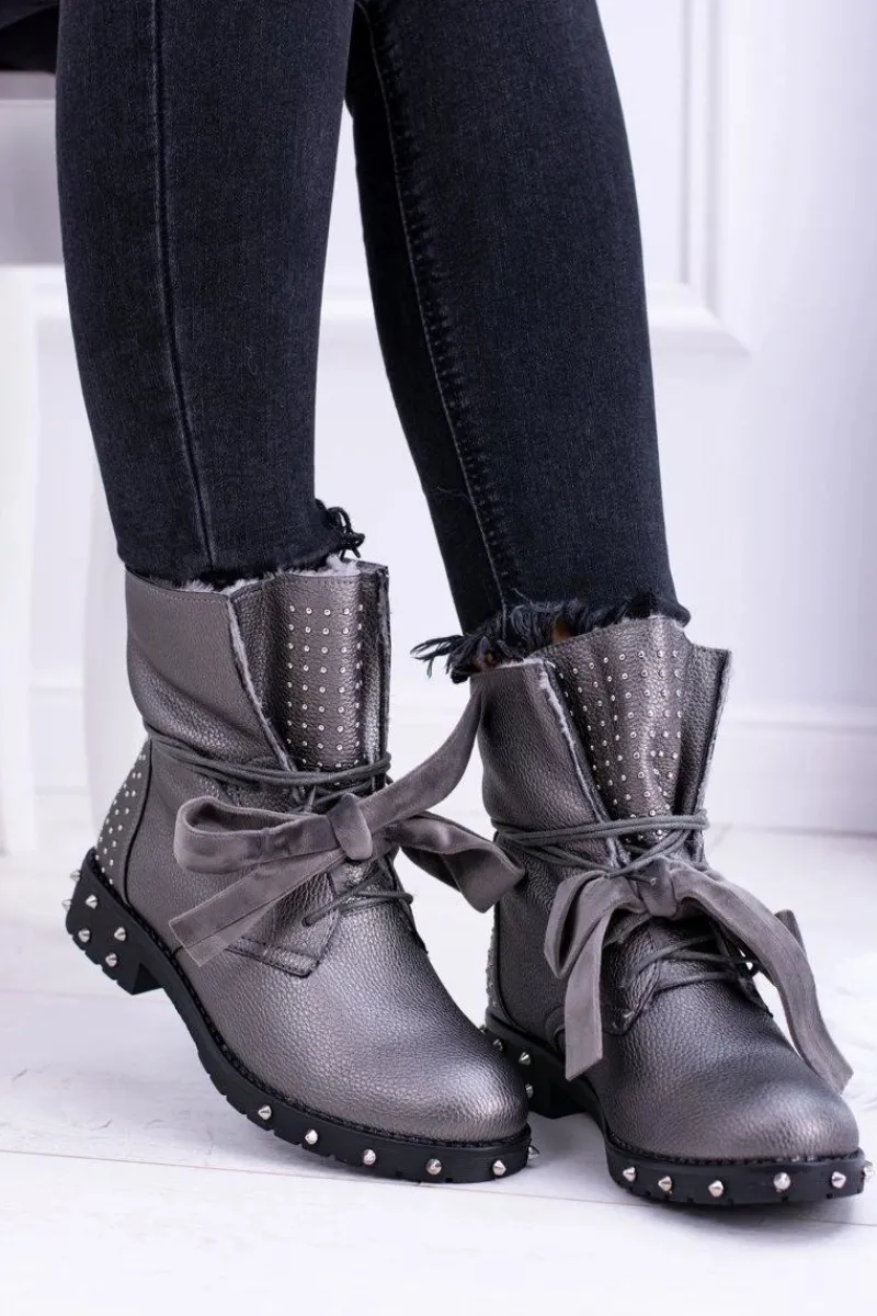 Outlet Damskie Botki Ocieplane Z Kolcami i Dżetami Srebrne Neso Damskie Botki Sznurowane|Botki Zimowe Damskie