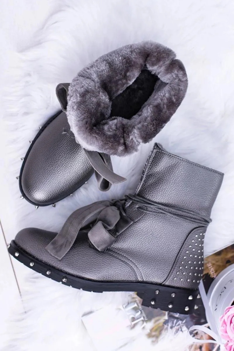 Outlet Damskie Botki Ocieplane Z Kolcami i Dżetami Srebrne Neso Damskie Botki Sznurowane|Botki Zimowe Damskie
