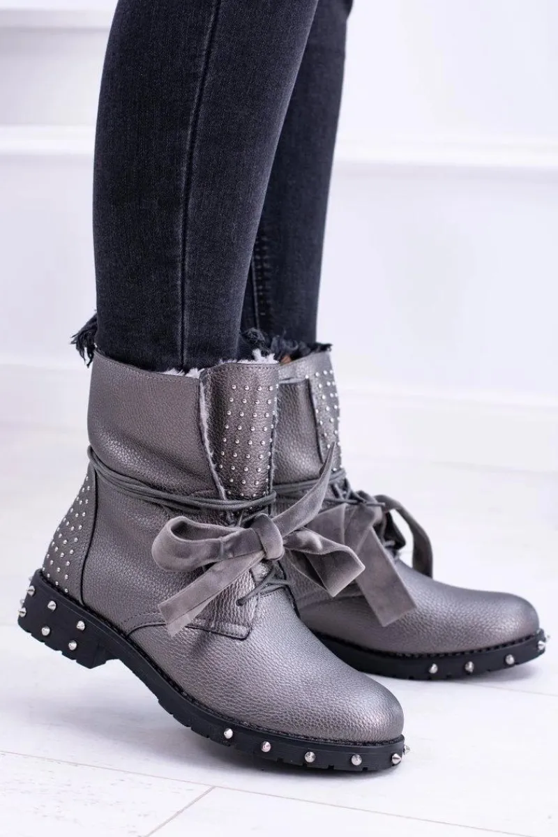 Outlet Damskie Botki Ocieplane Z Kolcami i Dżetami Srebrne Neso Damskie Botki Sznurowane|Botki Zimowe Damskie