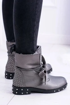 Outlet Damskie Botki Ocieplane Z Kolcami i Dżetami Srebrne Neso Damskie Botki Sznurowane|Botki Zimowe Damskie