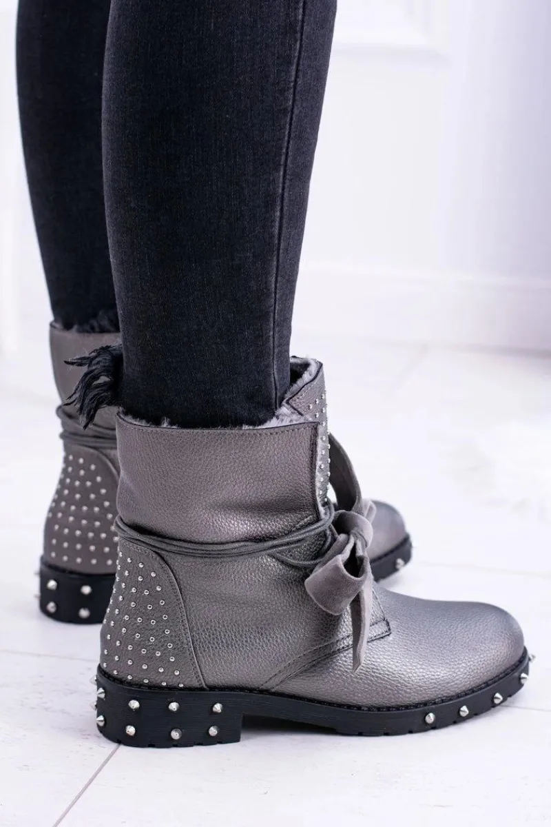 Outlet Damskie Botki Ocieplane Z Kolcami i Dżetami Srebrne Neso Damskie Botki Sznurowane|Botki Zimowe Damskie