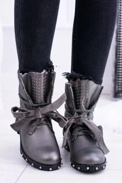 Outlet Damskie Botki Ocieplane Z Kolcami i Dżetami Srebrne Neso Damskie Botki Sznurowane|Botki Zimowe Damskie
