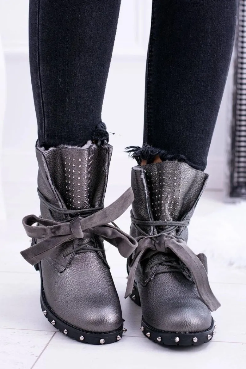 Outlet Damskie Botki Ocieplane Z Kolcami i Dżetami Srebrne Neso Damskie Botki Sznurowane|Botki Zimowe Damskie