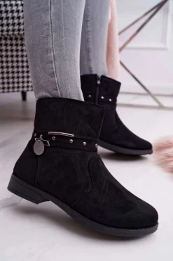 Botki Zimowe Damskie|Botki Zamszowe>Boto Damskie Botki Płaski Obcas Ocieplane Czarne Verte