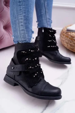 Botki Płaskie|Czarne Botki>Boto Damskie Botki Płaski Obcas Z Dżetami Czarne Valko