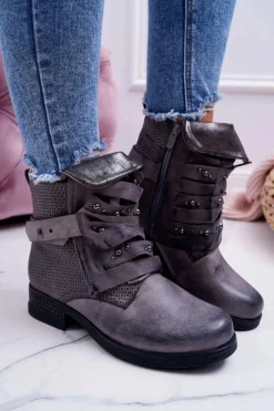 Botki Sznurowane|Botki Zimowe Damskie>Boto Damskie Botki Płaski Obcas Ciepłe Szare Debra