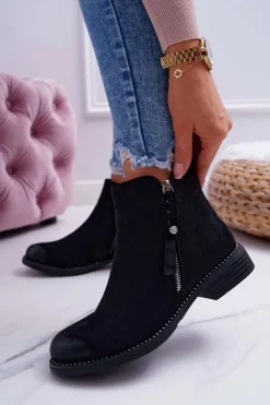 Botki Zimowe Damskie|Botki Zamszowe>Damskie buty S.Barski Damskie Botki Płaski Obcas Czarne Barski 98-20