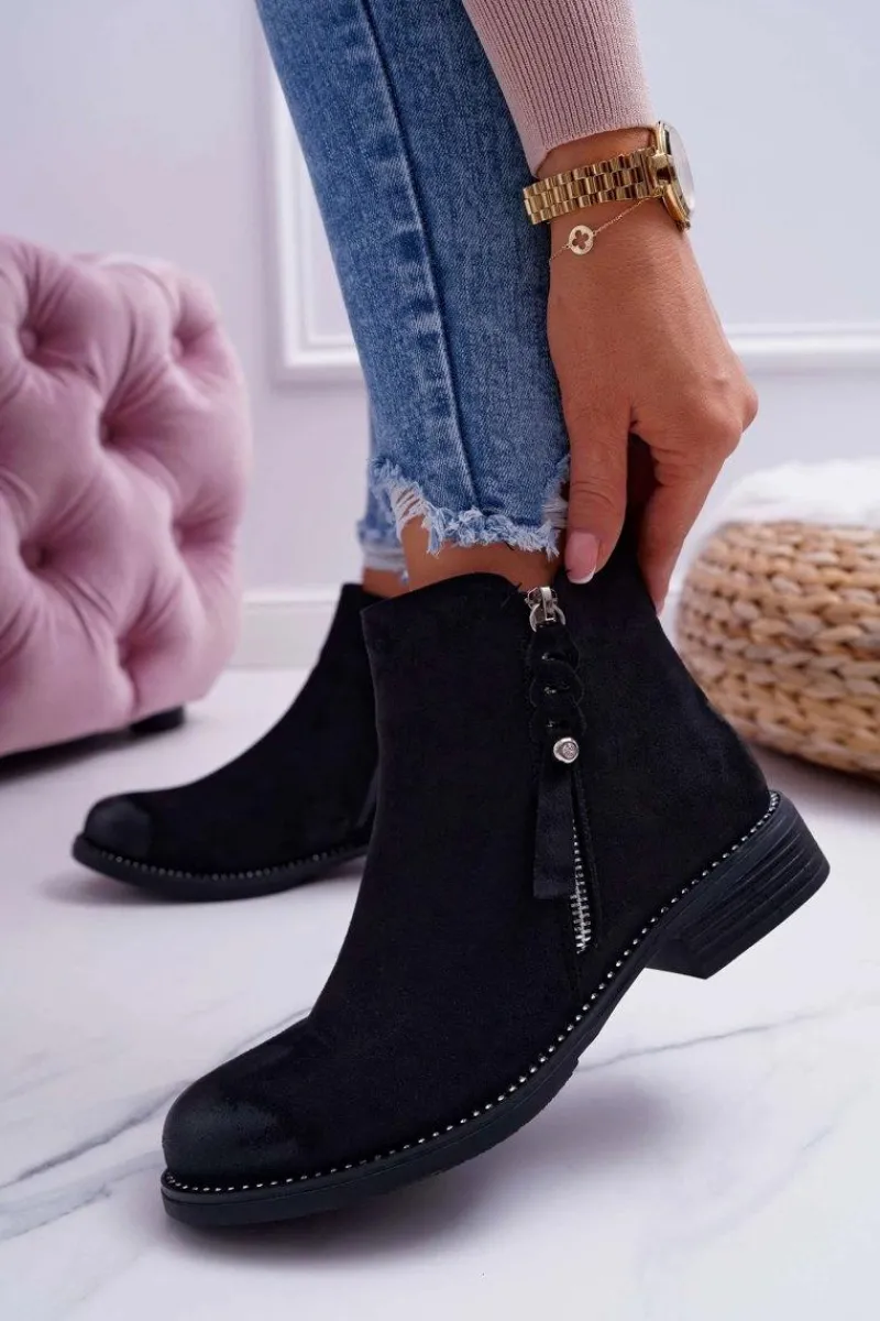 Botki Zimowe Damskie|Botki Zamszowe>Damskie buty S.Barski Damskie Botki Płaski Obcas Czarne Barski 98-20