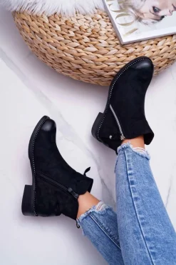 Botki Zimowe Damskie|Botki Zamszowe>Damskie buty S.Barski Damskie Botki Płaski Obcas Czarne Barski 98-20