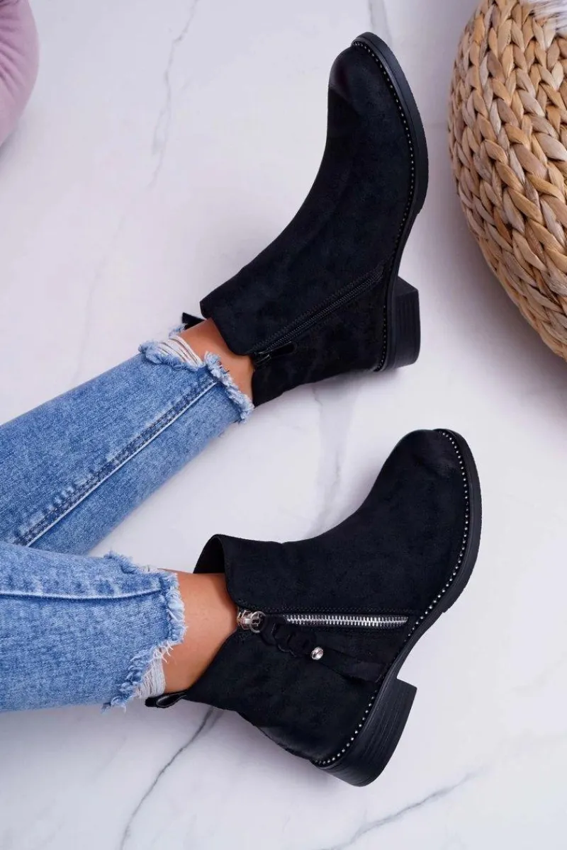 Botki Zimowe Damskie|Botki Zamszowe>Damskie buty S.Barski Damskie Botki Płaski Obcas Czarne Barski 98-20