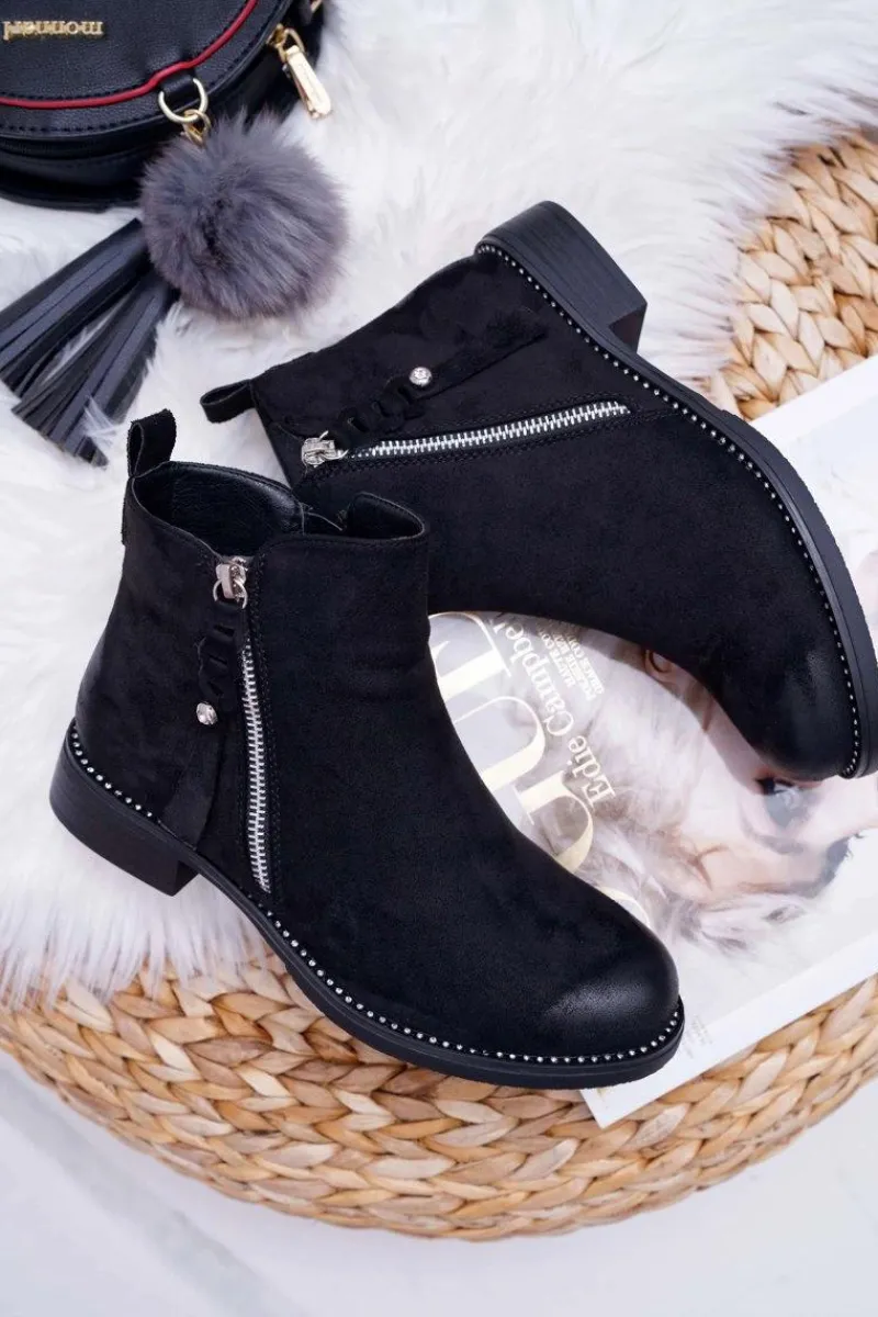 Botki Zimowe Damskie|Botki Zamszowe>Damskie buty S.Barski Damskie Botki Płaski Obcas Czarne Barski 98-20