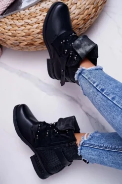 Online Damskie Botki Płaski Obcas Ciepłe Czarne Debra Damskie Botki Sznurowane|Botki Zimowe Damskie