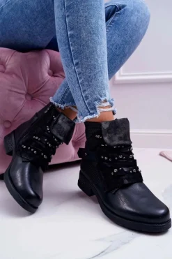 Online Damskie Botki Płaski Obcas Ciepłe Czarne Debra Damskie Botki Sznurowane|Botki Zimowe Damskie