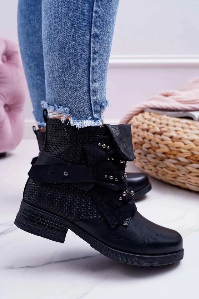 Online Damskie Botki Płaski Obcas Ciepłe Czarne Debra Damskie Botki Sznurowane|Botki Zimowe Damskie