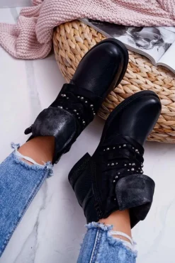 Online Damskie Botki Płaski Obcas Ciepłe Czarne Debra Damskie Botki Sznurowane|Botki Zimowe Damskie
