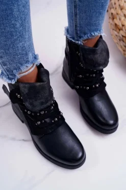 Online Damskie Botki Płaski Obcas Ciepłe Czarne Debra Damskie Botki Sznurowane|Botki Zimowe Damskie