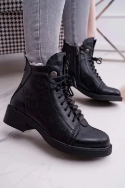 Hot Boto Damskie Botki Płaski Obcas Ocieplane Czarne Livin