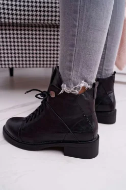 Hot Boto Damskie Botki Płaski Obcas Ocieplane Czarne Livin