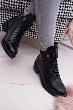 Hot Boto Damskie Botki Płaski Obcas Ocieplane Czarne Livin