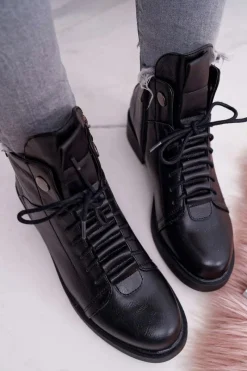 Hot Boto Damskie Botki Płaski Obcas Ocieplane Czarne Livin