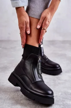 Online Damskie Botki Skarpetkowe Na Suwak Czarne Shelter Damskie Czarne Botki|Botki Płaskie