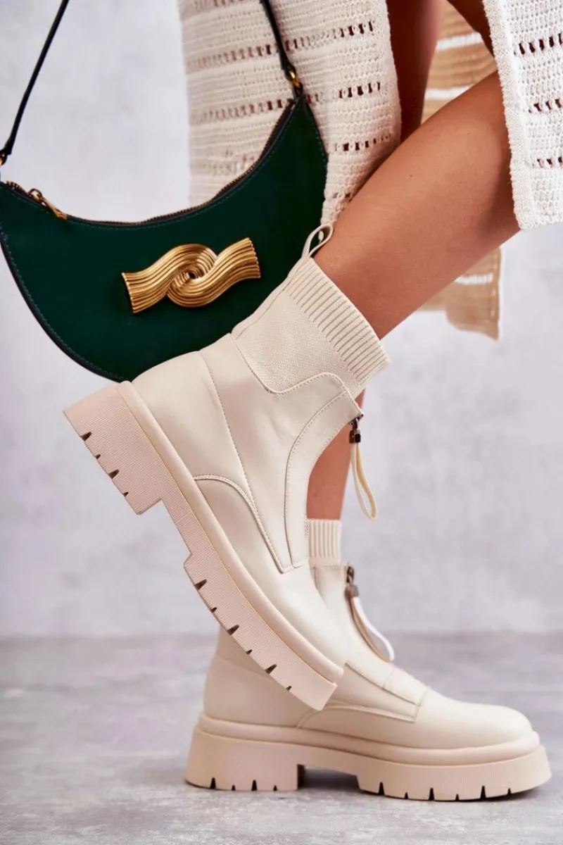 Hot Boto Damskie Botki Skarpetkowe Na Suwak Beżowe Shelter