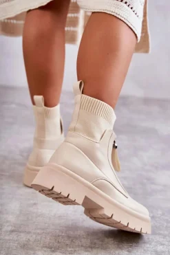 Hot Boto Damskie Botki Skarpetkowe Na Suwak Beżowe Shelter